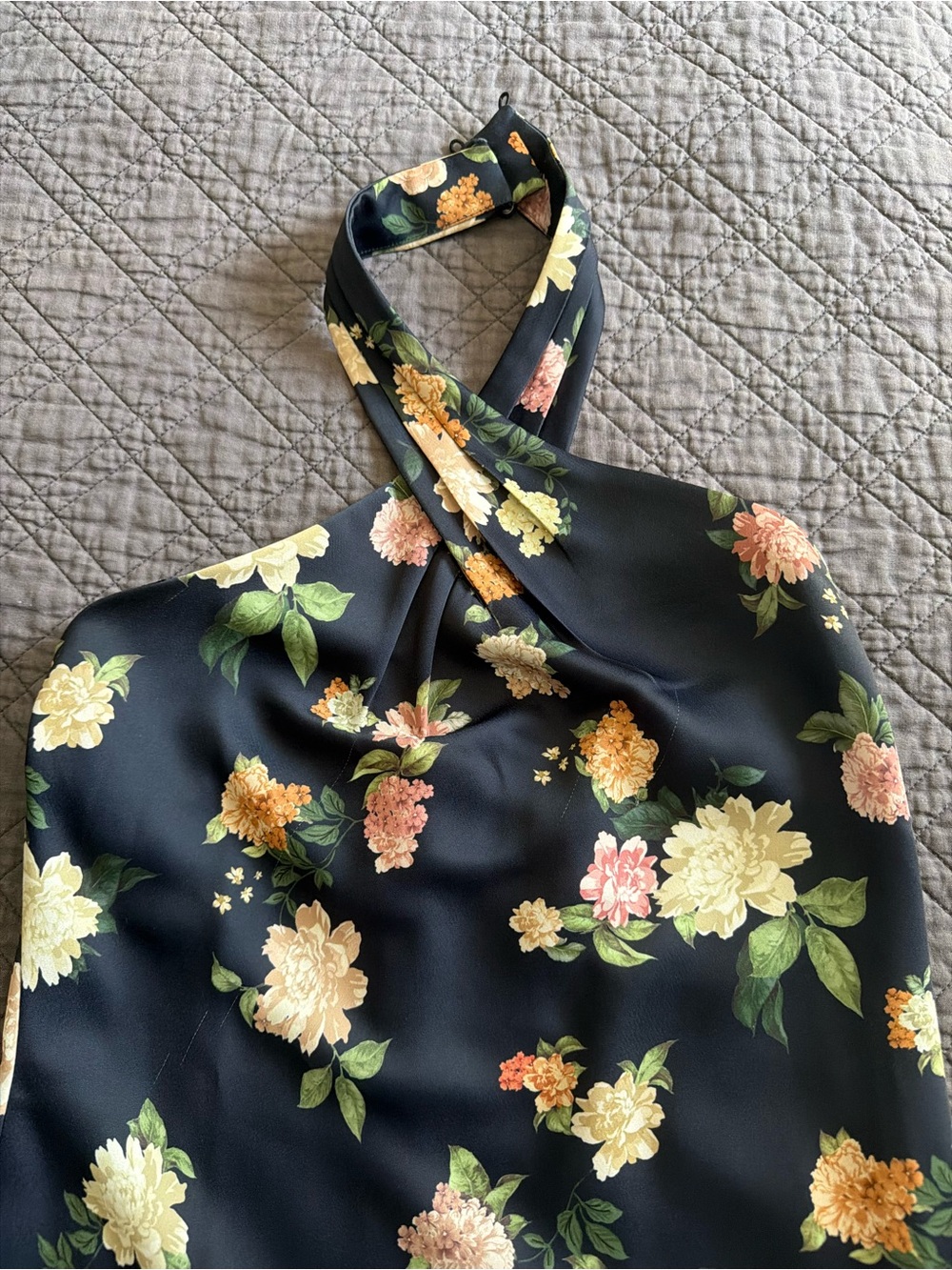 Anthropologie Blue Floral Halter Dress Top with Yellow & Pink Blooms - Picture 1 of 3